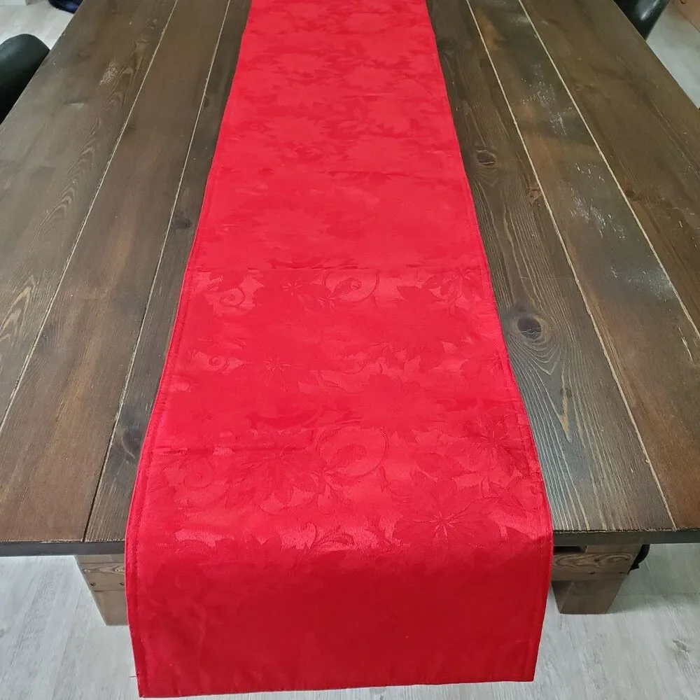 Table Runner Red Sateen Jacquard Poinsettias 2-sided 70x13